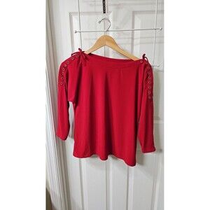 Emma & Michele Red Boatneck Top with Gold Grommet Lace-Up Shoulders